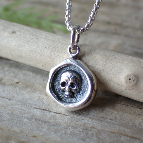 ♻️ Recycled Sterling Silver Mini Wax Stamp Skull Charm Necklace