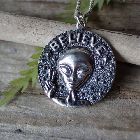 ♻️ Recycled Sterling Silver I Believe Alien Charm Necklace