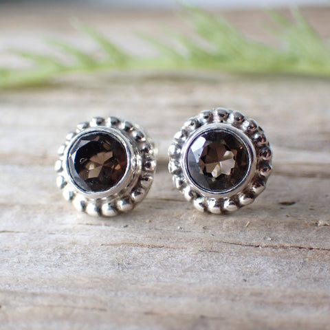 Sterling Silver Faceted Smoky Quartz Stud Earrings