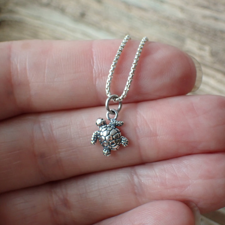 ♻️ Recycled Sterling Silver Mini Baby Sea Turtle Charm Necklace