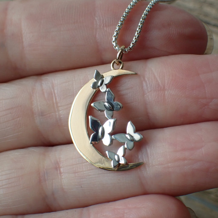 ♻️Recycled Sterling Silver Mixed Metal Moon With Butterflies Necklace