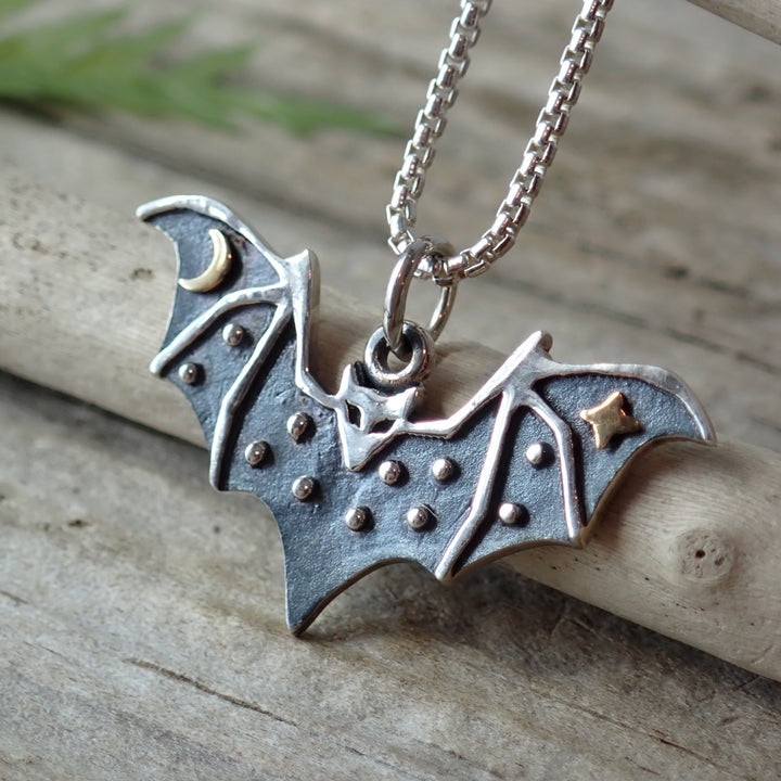 ♻️Recycled Sterling Silver Mixed Metal Celestial Bat Necklace