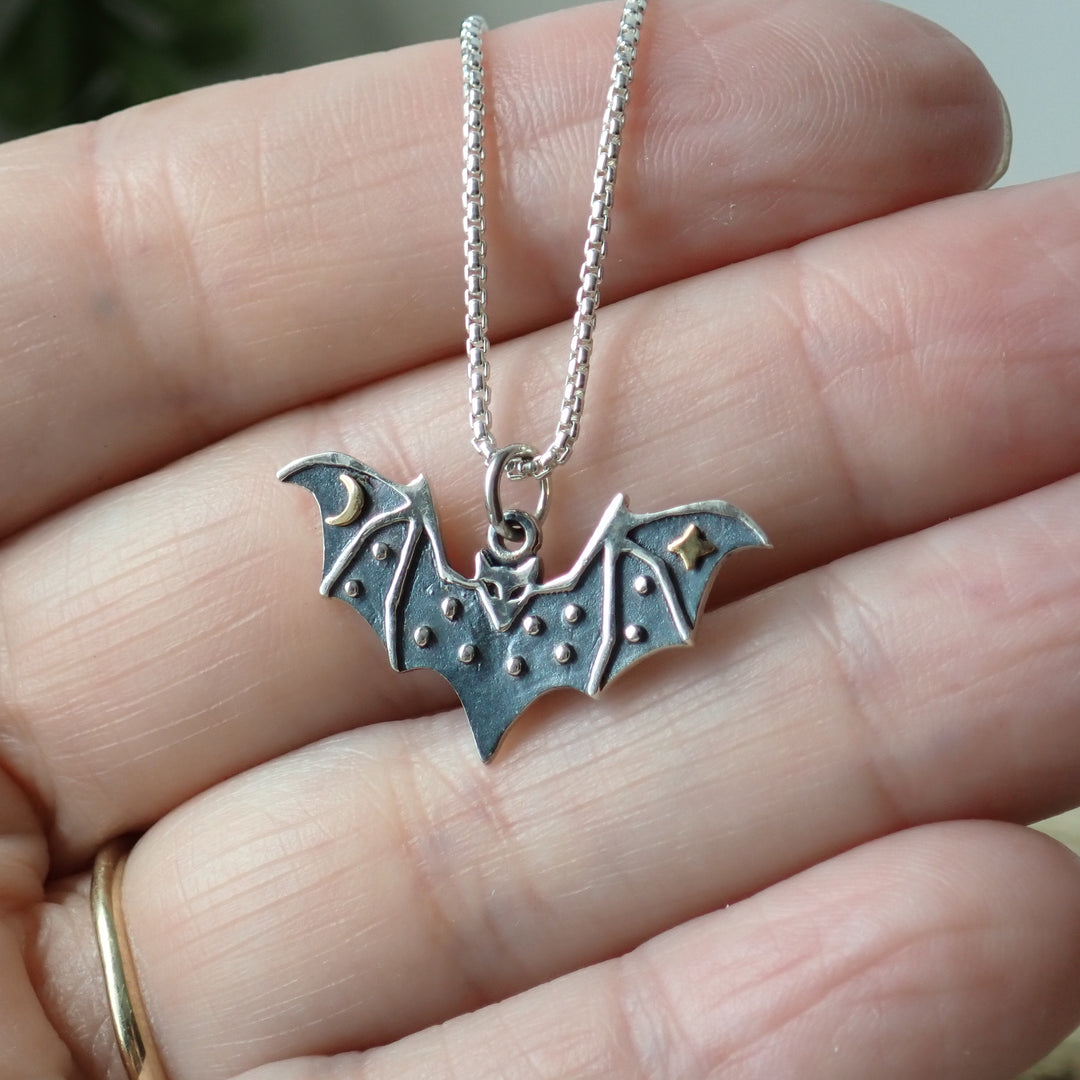 ♻️Recycled Sterling Silver Mixed Metal Celestial Bat Necklace