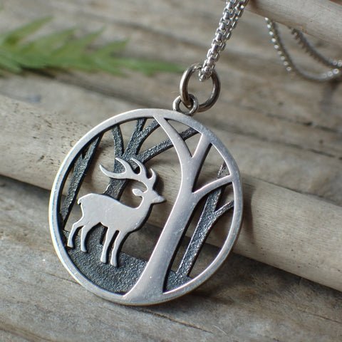 ♻️ Recycled Sterling Silver Deer In The Trees Necklace