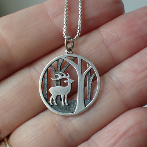 ♻️ Recycled Sterling Silver Deer In The Trees Necklace