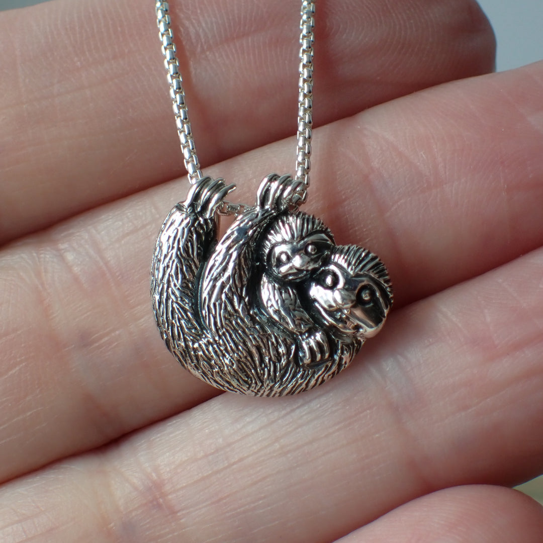 ♻️Recycled Sterling Silver Hanging Mother Baby Sloth Necklace