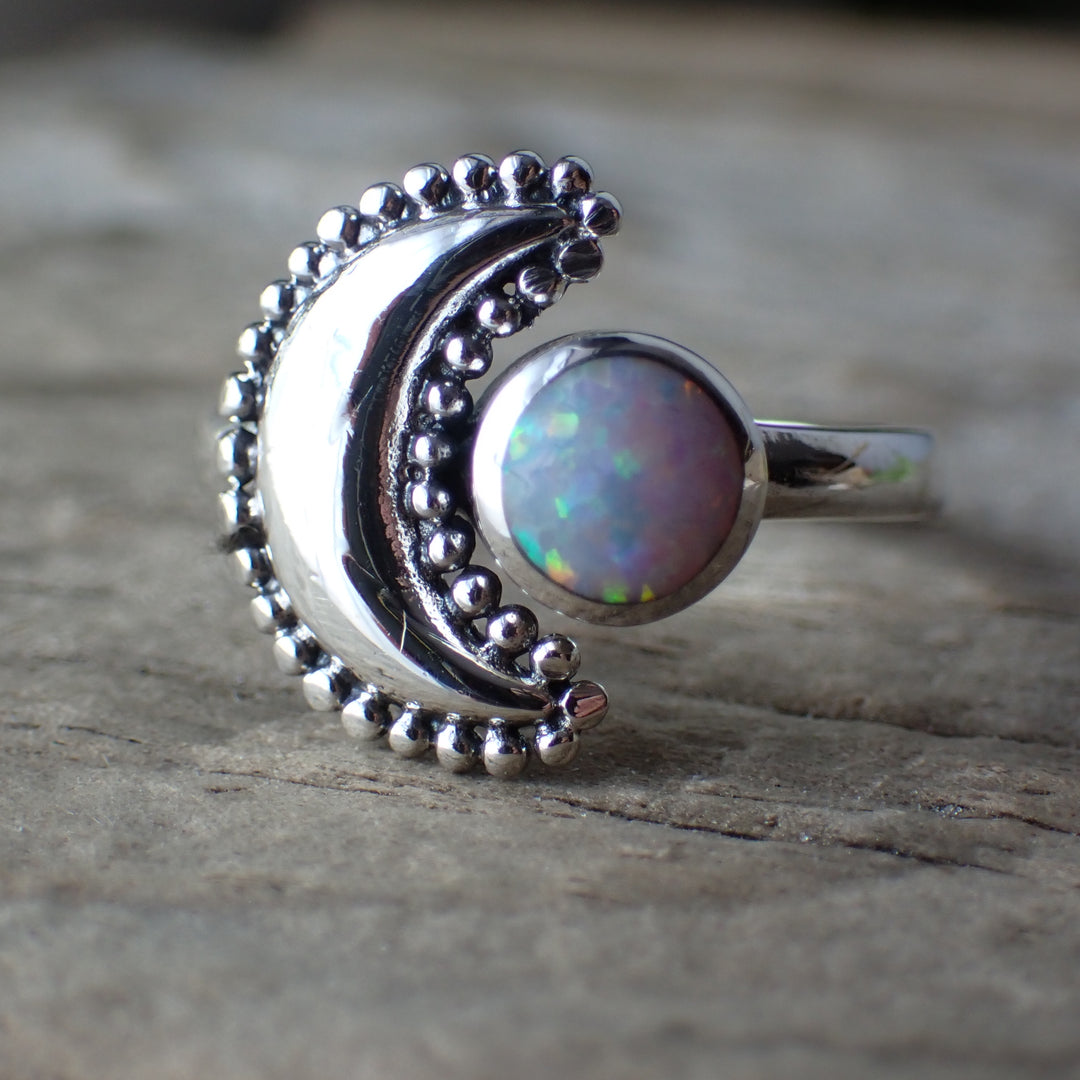 White Opal Moon Sterling Silver Ring