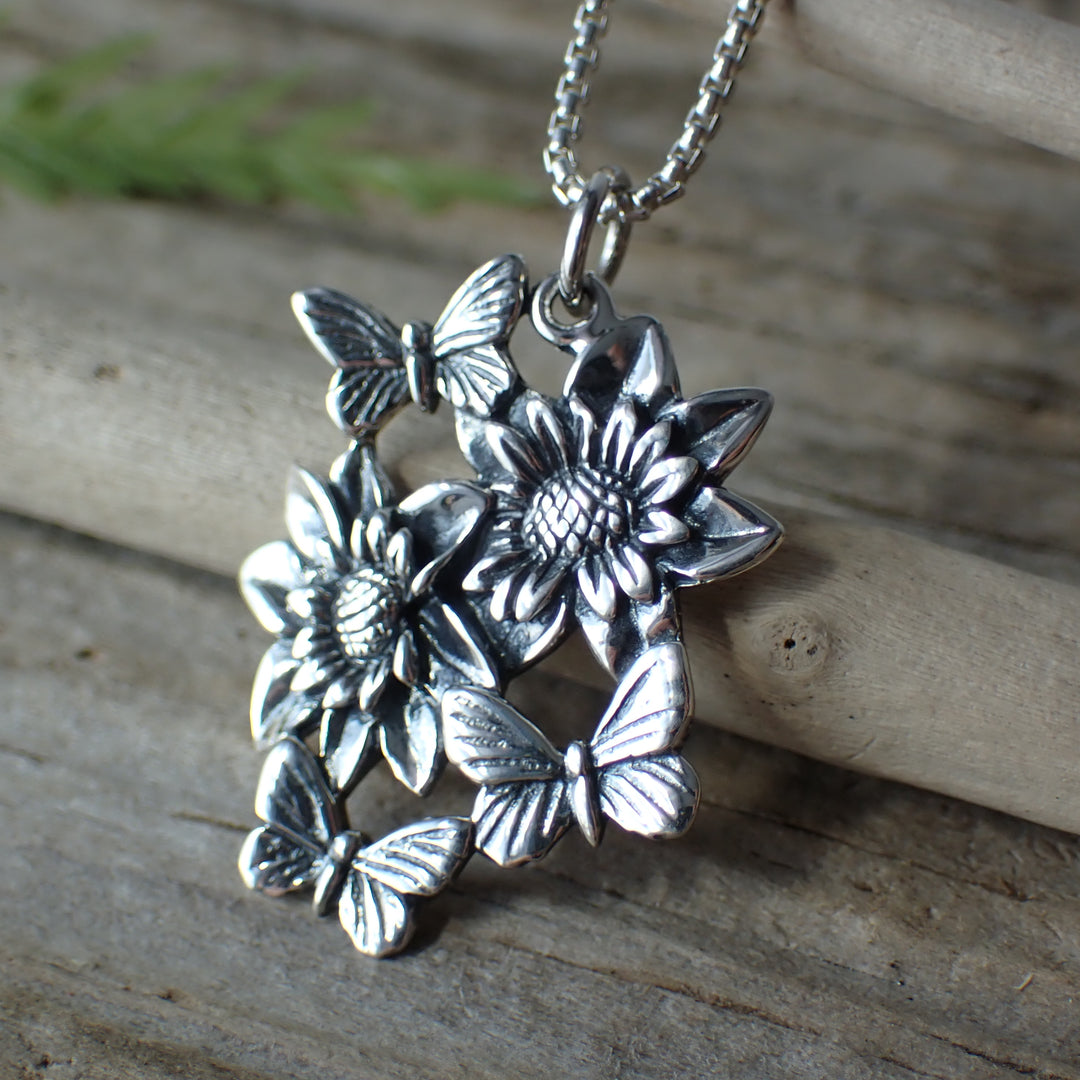 ♻️ Recycled Sterling Silver Dahlias and Butterflies Charm Necklace