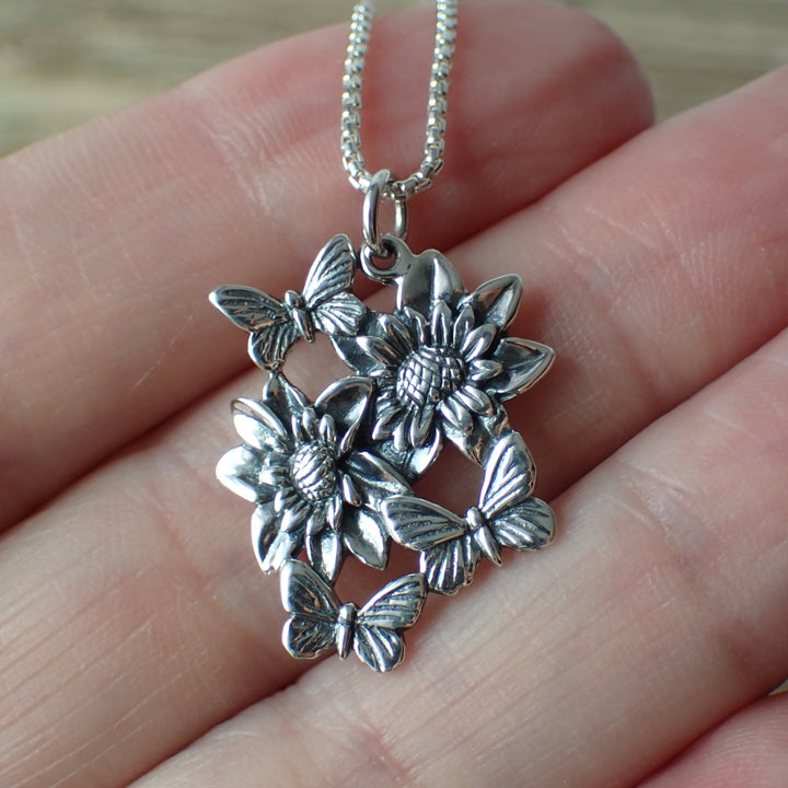 ♻️ Recycled Sterling Silver Dahlias and Butterflies Charm Necklace