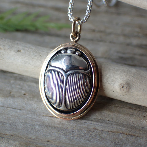 ♻️ Recycled Sterling Silver Scarab Beetle in Bronze Charm Necklace