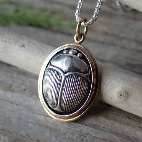 ♻️ Recycled Sterling Silver Scarab Beetle in Bronze Charm Necklace
