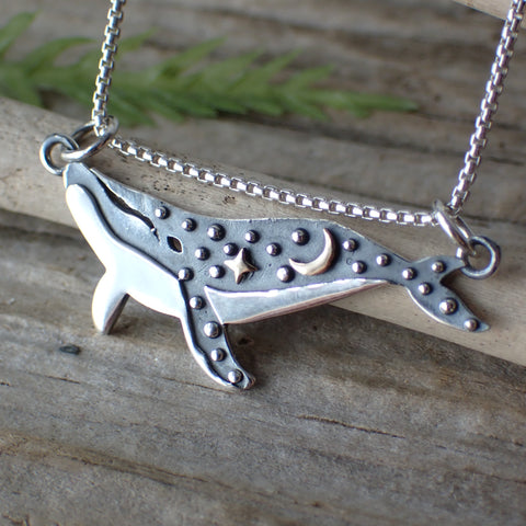 ♻️ Recycled Sterling Silver Two Tone Celestial Whale Charm Necklace