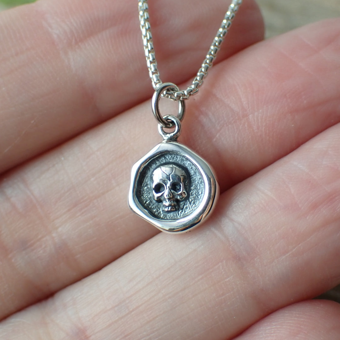 ♻️ Recycled Sterling Silver Mini Wax Stamp Skull Charm Necklace