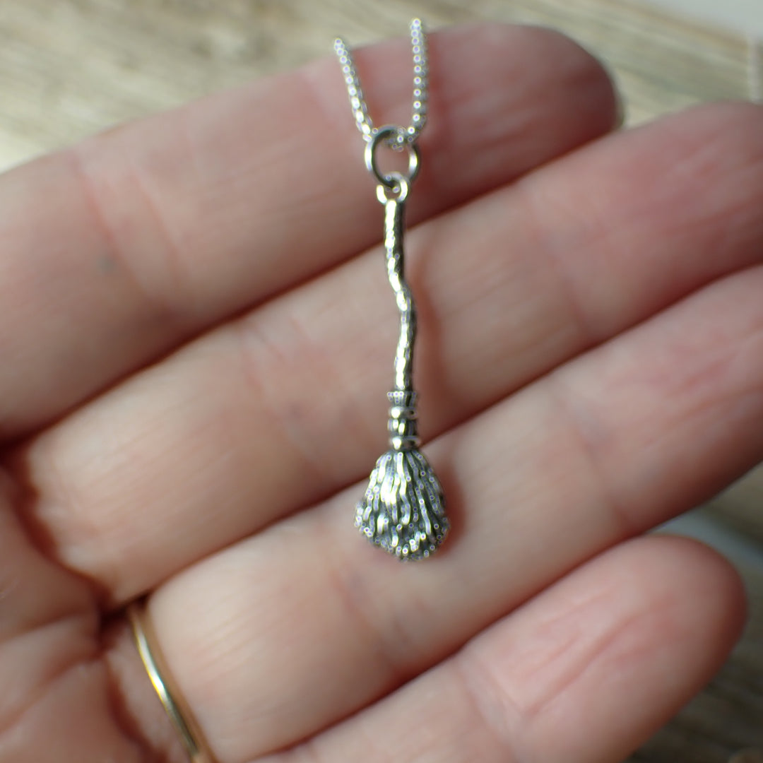 ♻️ Recycled Sterling Silver Witch's Broom Necklace