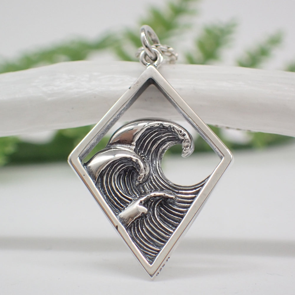Sterling Silver Three Waves Pendant in Diamond Frame