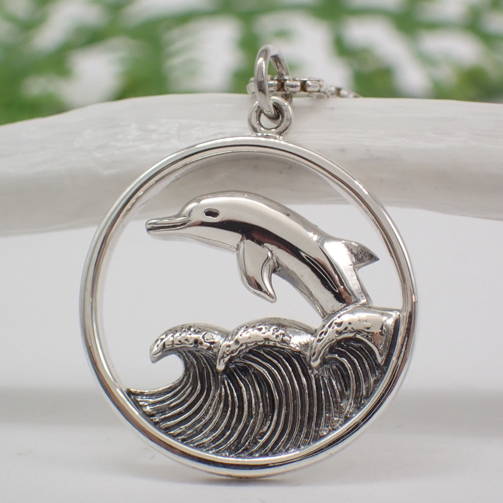 Sterling Silver Dolphin Jumping in Waves Pendant 