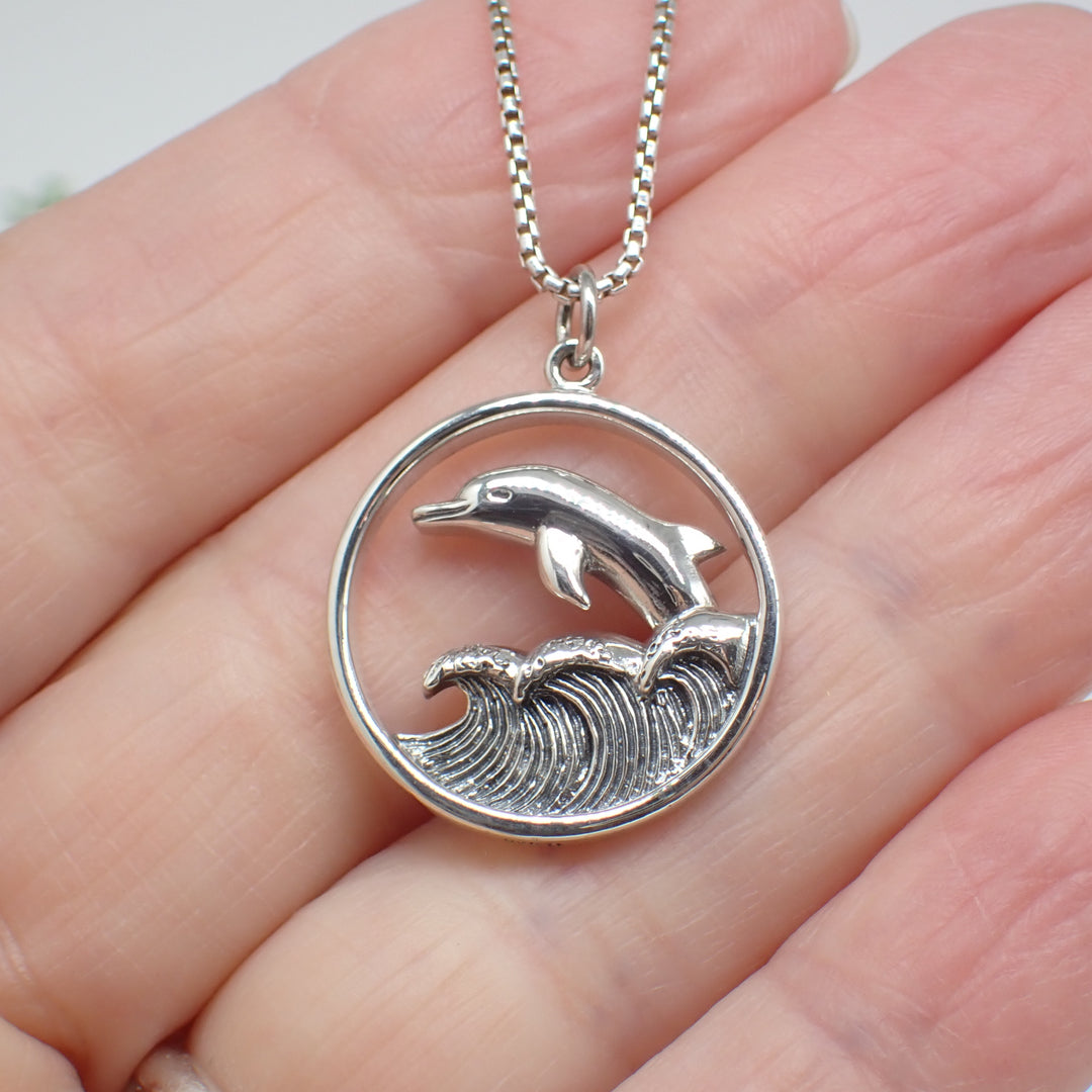 Sterling Silver Dolphin Jumping in Waves Pendant 