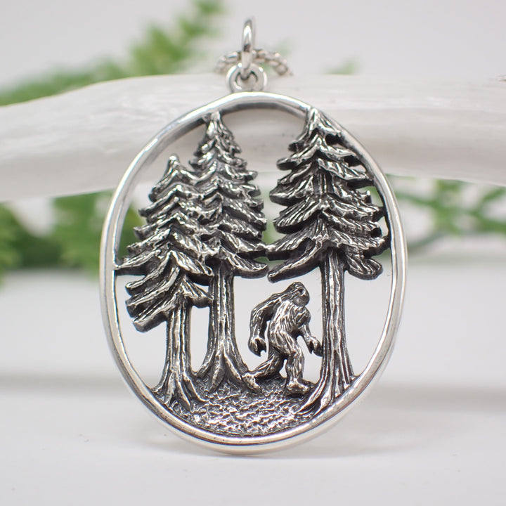 Sterling Silver Bigfoot in the Forest Pendant