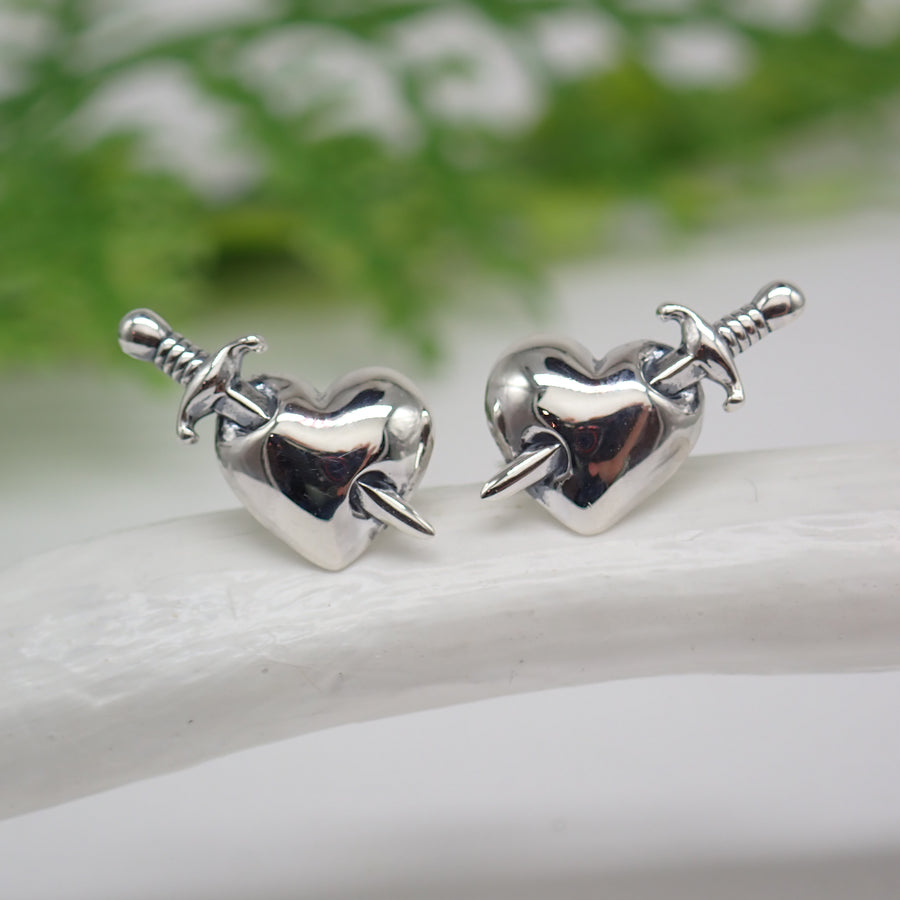 Sterling Silver Sword and Heart Post Earrings