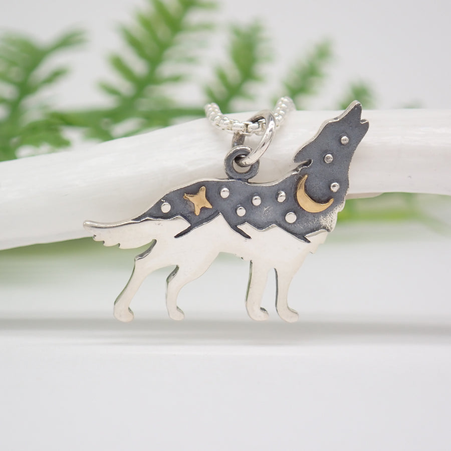 sterling silver celestial howling wolf charm
