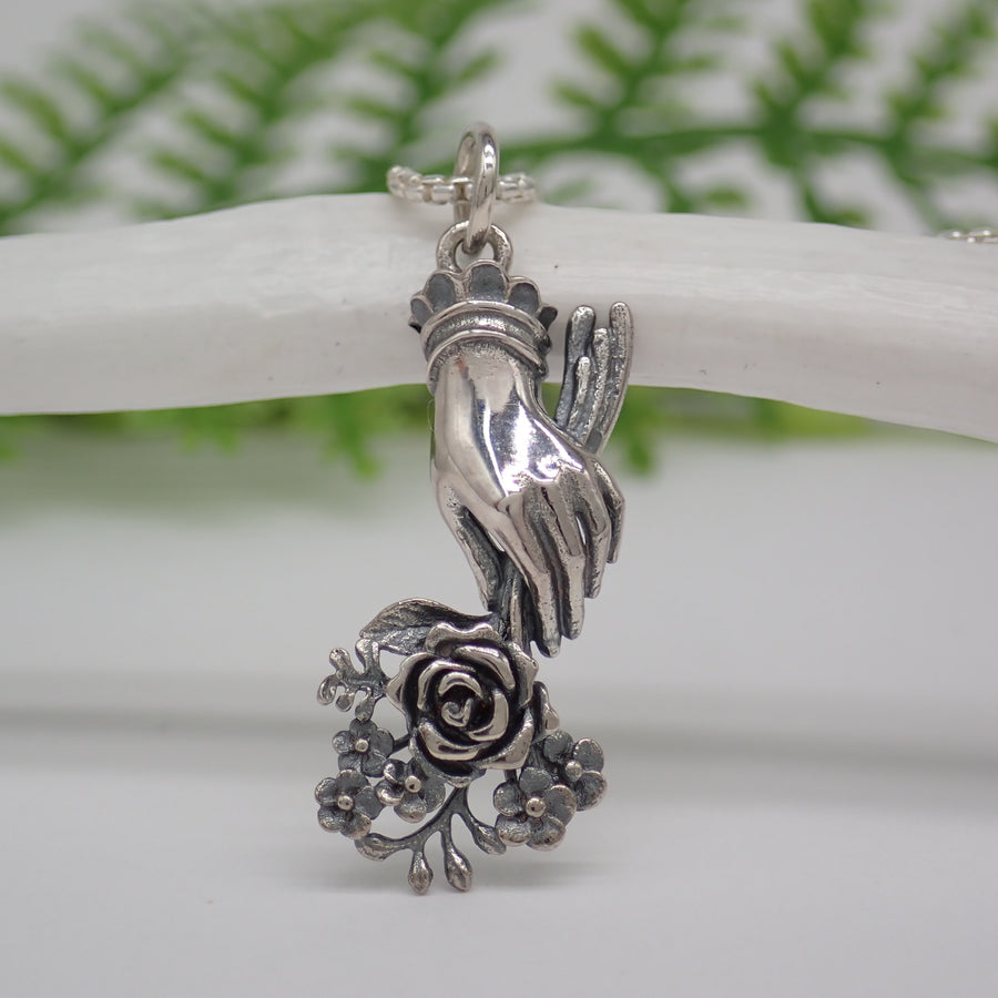 Sterling Silver Hand Charm Holding Flower Bouquet Charm