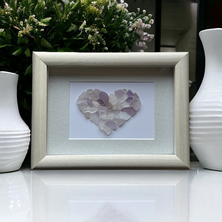 Sea Glass Purples Glass Mosaic Heart Picture Pebble Art