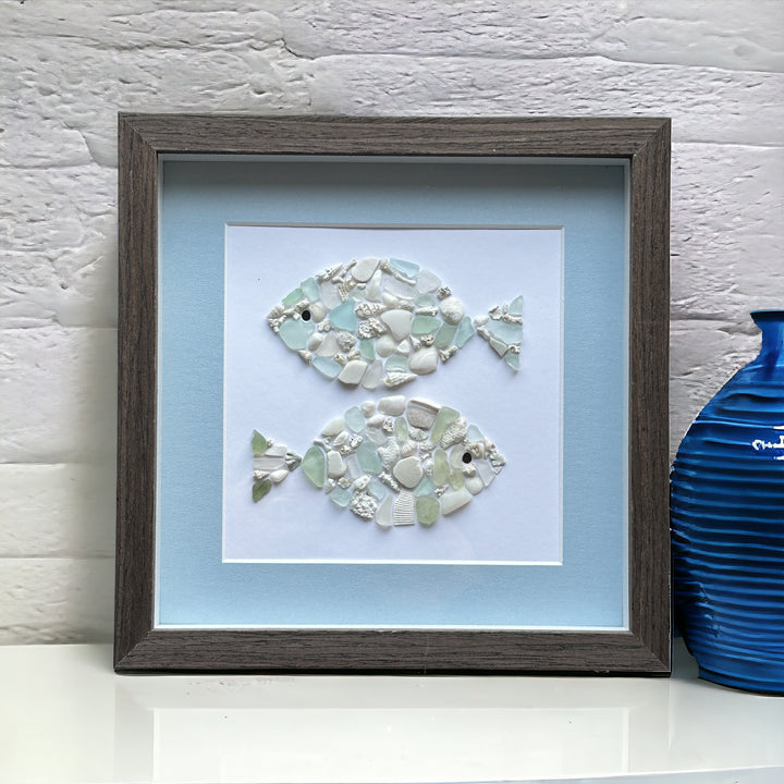 Aqua Sea Glass, Coral, Shells & Pottery Mosaic Fish Picture Mixed Media Art