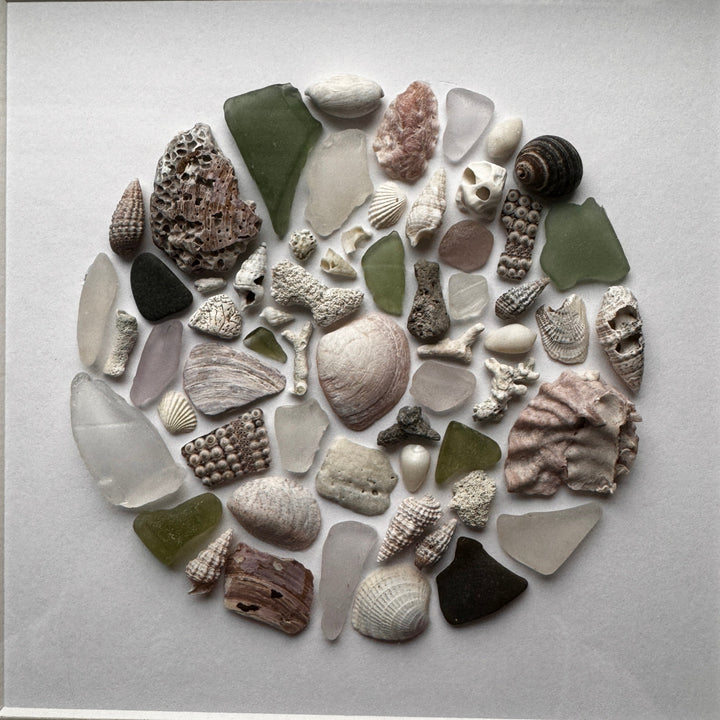 Verre de mer, corail, coquillages et poterie Mosaïque Image Mixed Media Art