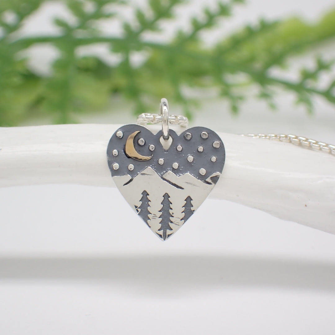 Sterling Silver Heart Char with Mountains and Bronze Moon