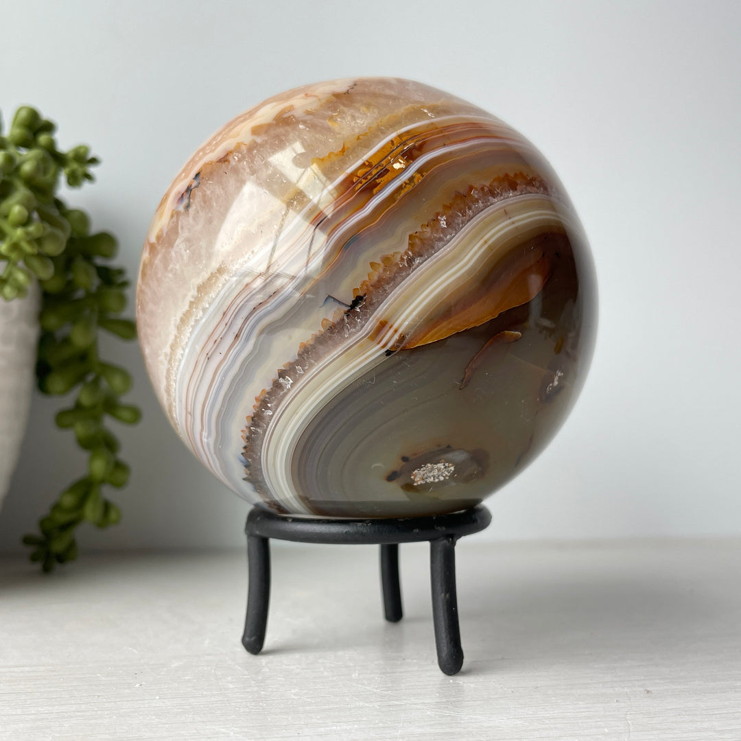 Banded Agate Sphere on Metal Stand