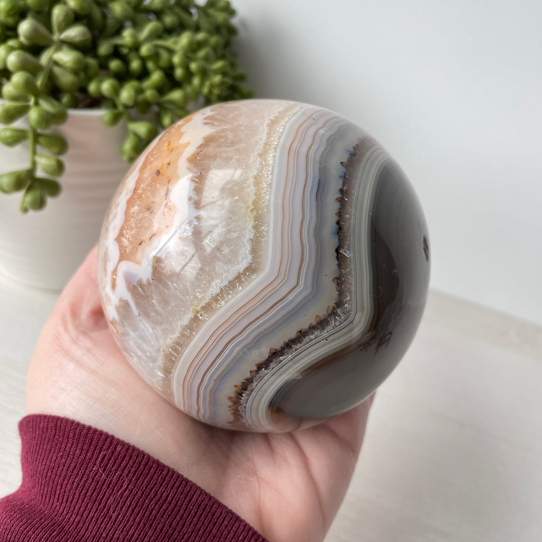 Banded Agate Sphere on Metal Stand