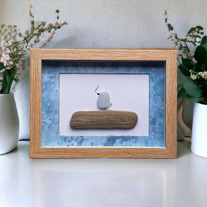 Singing Sea Glass Bird on Driftwood Picture with Watercolor Mat