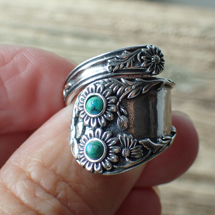 Turquoise Daisy Sterling Silver Stone Spoon Ring