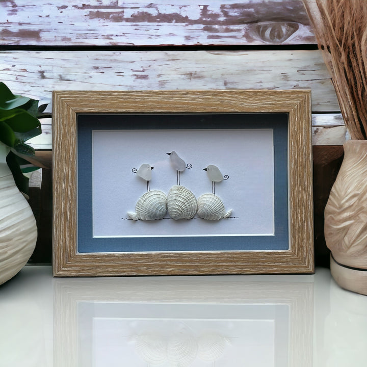 Three Sea Glass Birds on Shells Picture