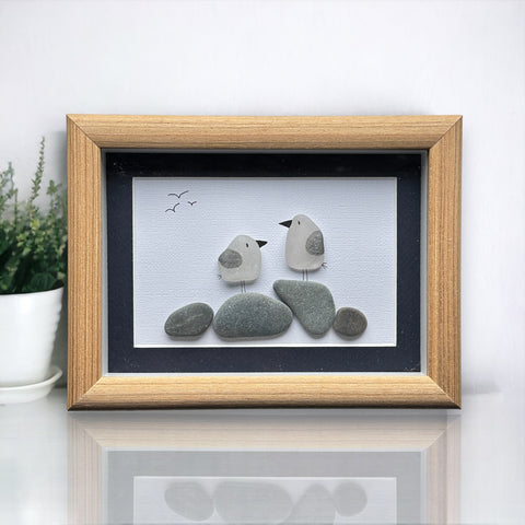 Two Sea Glass Seagulls on Rocks Upcycled Art Picture