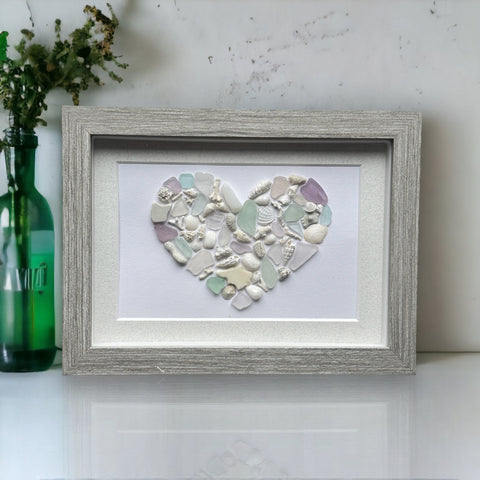 Pastel Sea Glass, Coral, Shells & Pottery Mosaic Heart Picture