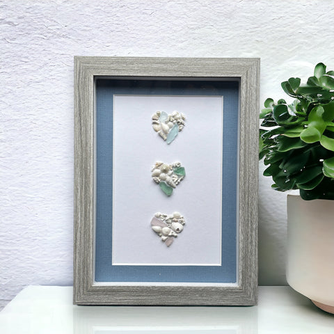 Pastel Sea Glass, Coral, Shells & Pottery Mosaic Hearts Picture