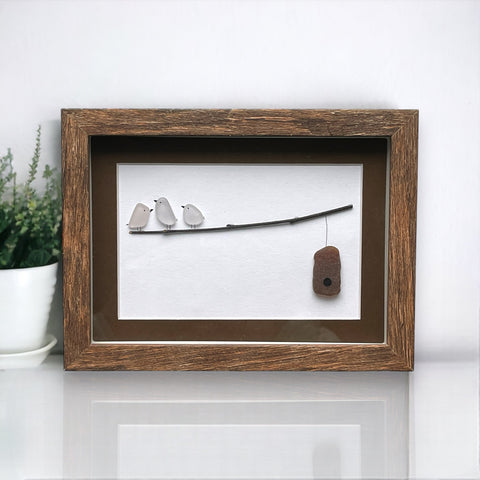 Sea Glass Bird Family With House Family Picture Pebble Art