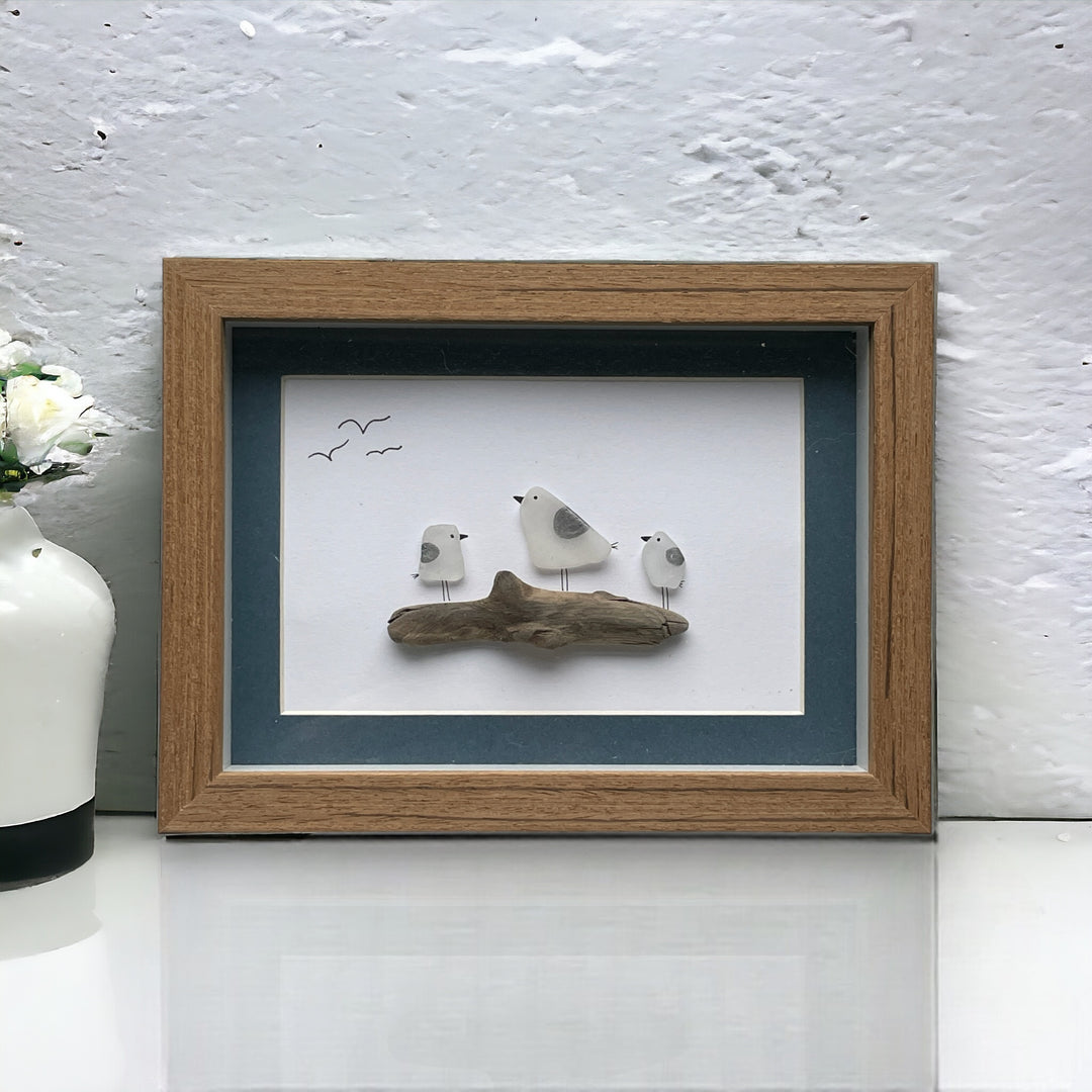 Three Sea Glass Seagulls on Driftwood Family Picture
