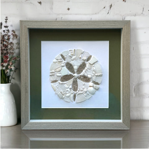 White Sea Glass, Coral, Shells & Pottery Mosaic Sand Dollar Picture Mixed Media Art