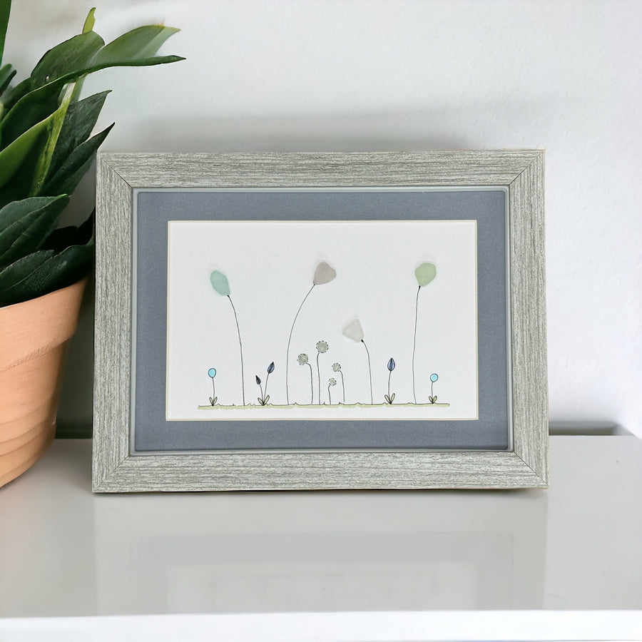 seaglass flower picture in grey frame