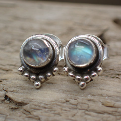 Rainbow Moonstone Sterling Silver Stud Earrings