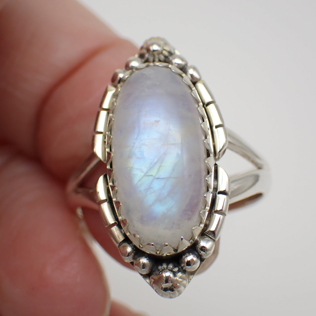 Rainbow Moonstone Sterling Silver Ring - Size 10