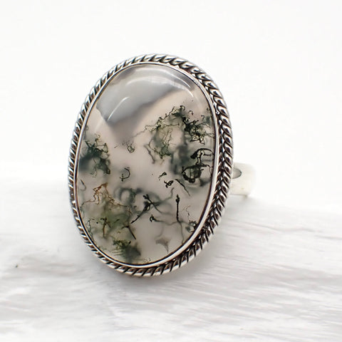 Moss Agate Sterling Silver Ring - Size 8