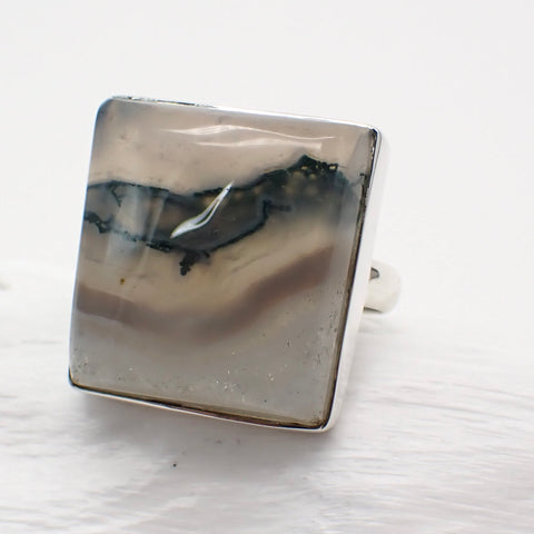 Moss Agate Sterling Silver Ring - Size 9