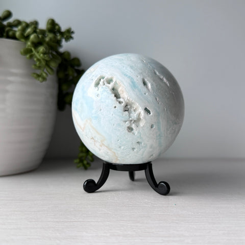 Seafoam Calcite Blue Aragonite Sphere on Cute Stand