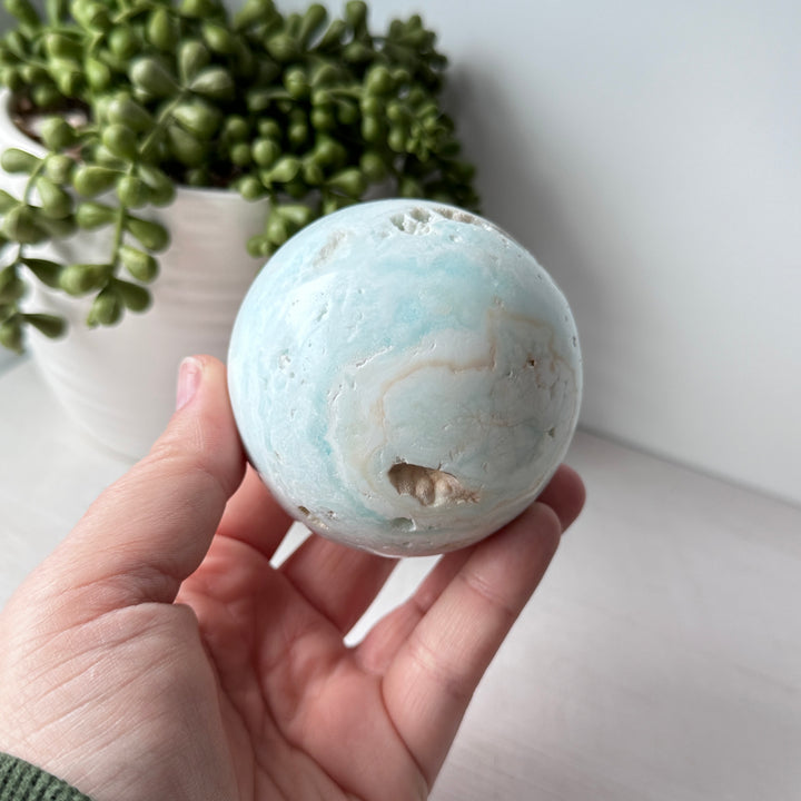 Seafoam Calcite Blue Aragonite Sphere on Cute Stand