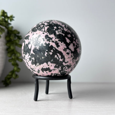 Rhodonite Sphere on Metal Stand