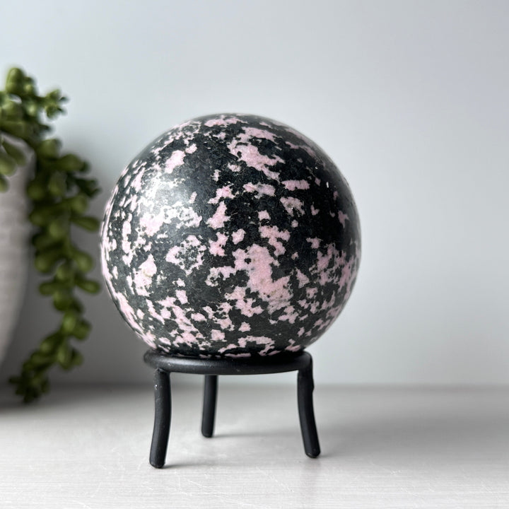Rhodonite Sphere on Metal Stand