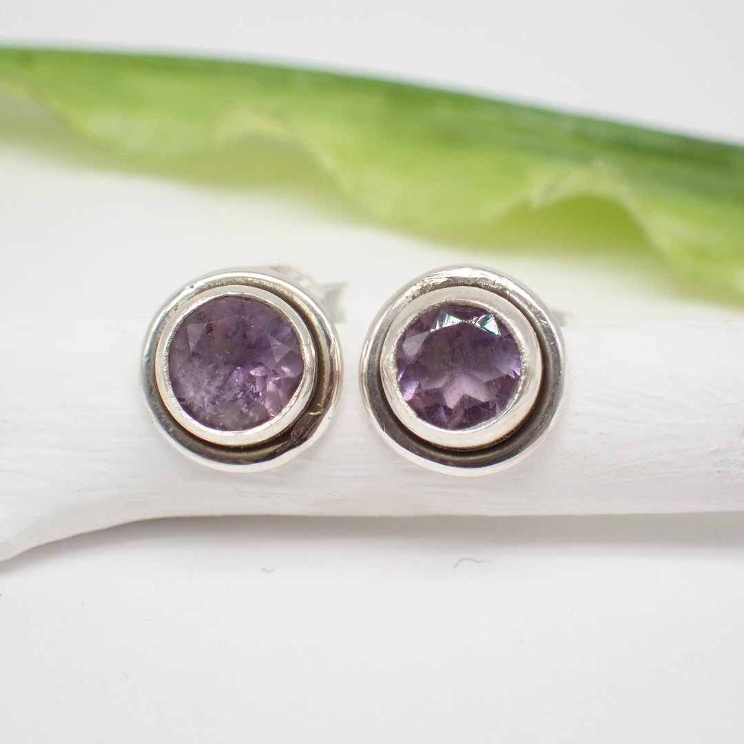 Sterling Silver Faceted Round Amethyst Studs
